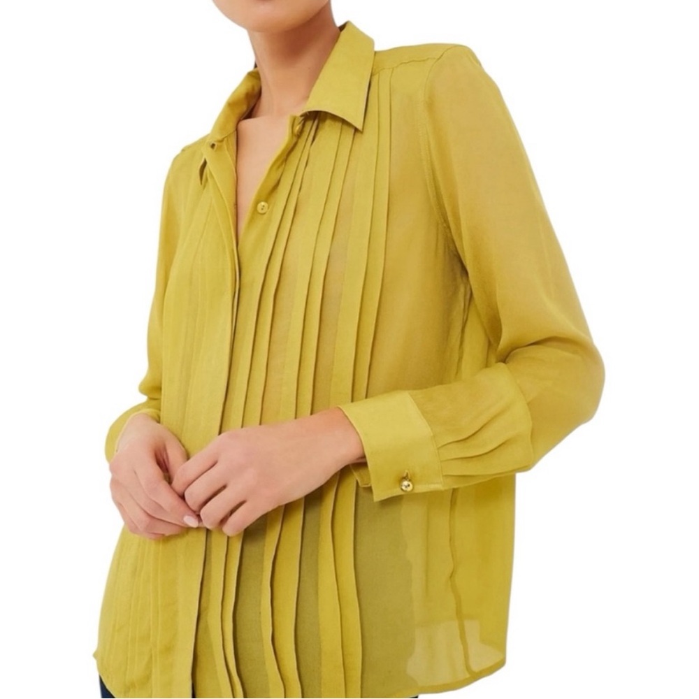 Tuckernuck Mustard Yellow Pleated Sheer Button-Up Blouse